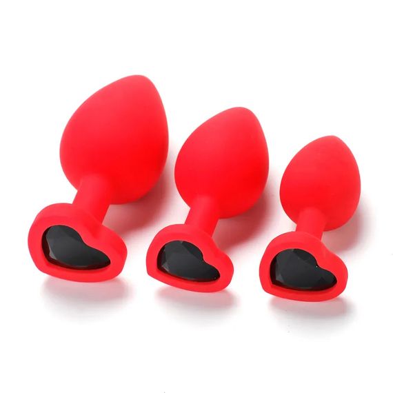 Набор силиконовых анальных пробок красного цвета с кристалами в форме сердечка (размер S,M,L) | Зображення 3