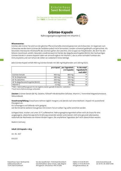 Капсули Зеленого чаю 400 мг + C – Потужний антиоксидант для імунітету, обміну речовин, жироспалювання та схуднення, Sanct Bernhard | Зображення 1