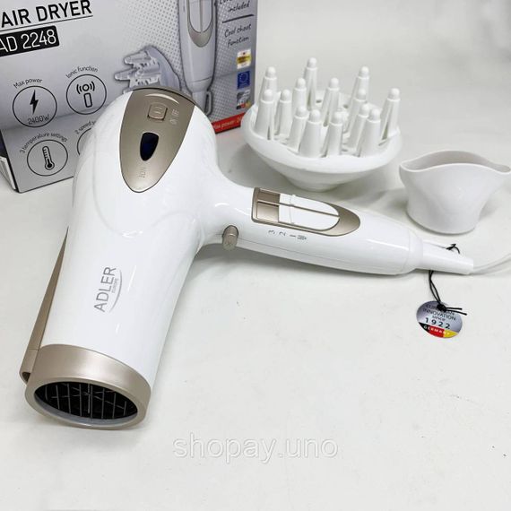 Електричний фен для волосся Adler AD-2248 White 2400Вт для укладання та сушіння з насадками з іонізацією