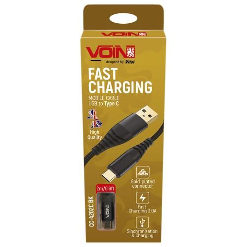 Кабель VOIN CC-4202C BK USB - Type C 3А, 2m, black (швидка зарядка/передача даних) | Зображення 1