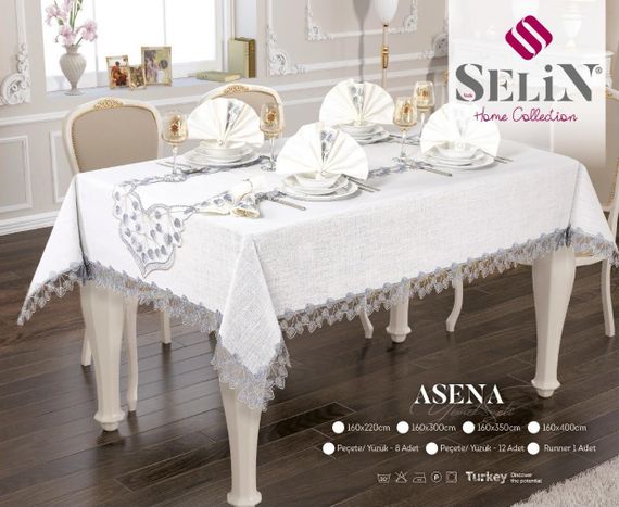 Лляна скатертина з ранером Selin Asena Set 160×300+12 серветок кремова