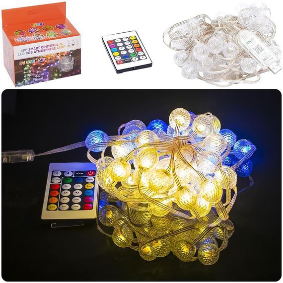 Гирлянда RGB с пультом "Шарик большой" D-52 Smart, USB 50L 5 метров, изменяет цвет | Зображення 1