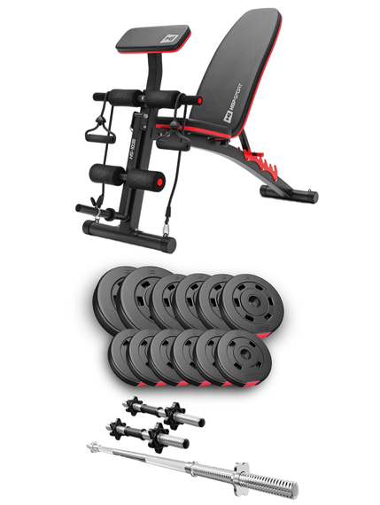 Набір Hop-Sport Premium 38кг з лавою HS-1035, штангою та гантелями