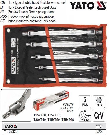Набор ключи TORX 2-сторонние шарнирные Т15-Т60 5 штук YATO YT-05320
