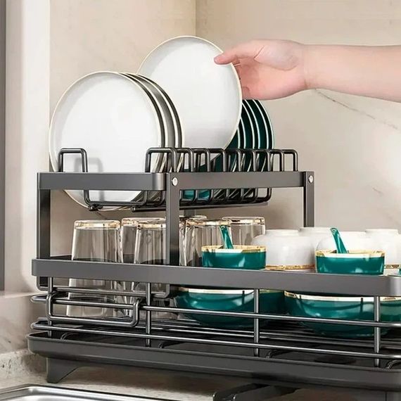 Дворівнева сушарка для посуду BauTech чорна 42,5х29,5х17 см • Настільна кухонна сушарка BauTech з тримачем для тарілок і піддоном | Зображення 5
