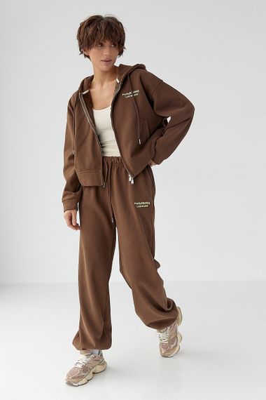 Утеплений спортивний костюм із худі та прямими штанами - коричневий цвет, S/M (є розміри) | Зображення 4