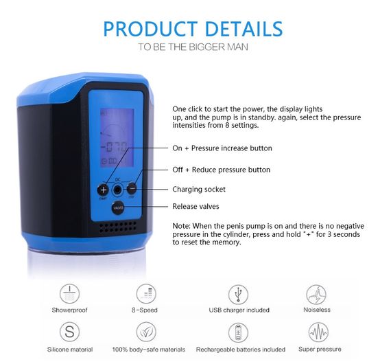 Автоматична вакуумна помпа із зарядкою від USB та LCD дисплеєм CANWIN Passion Pump Men Blue - P648AU Sex Aura | Зображення 6