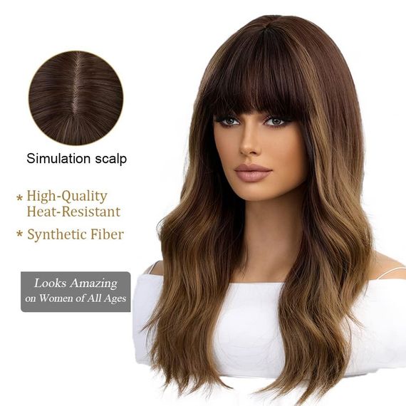 Парик женский каштановый омбре волнистый с челкой 51 см длинный, термостойкие синтетические волосы коричневые | Зображення 2