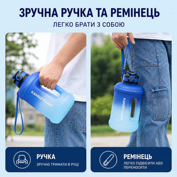 Спортивная бутылка для воды KANGZYUAN 1800 мл (1,8л) Голубой градиент (BPA Free) Tritan | Зображення 4