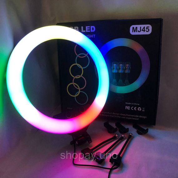 Кольцевая LED лампа RGB MJ45, 45 см, 5500 лм, 3 держателя, пульт, адаптер, 6500K | Зображення 7