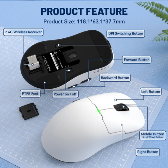 Бездротова легка магнітна миша Ajazz AJ159P PAW3395 2.4G 26000 DPI RGB Біла | Зображення 5
