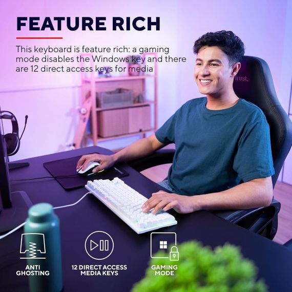 Ігрова клавіатура Trust GXT 833W Thado TKL, компактна, біла, QWERTY (англійська), RGB-підсвітка, Anti-Ghosting | Зображення 5