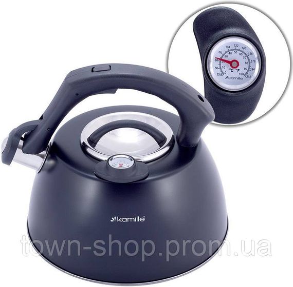 Чайник Kamille Whistling Kettle Thermo 3л из нержавеющей стали со свистком и термометром, черный KM-1077A