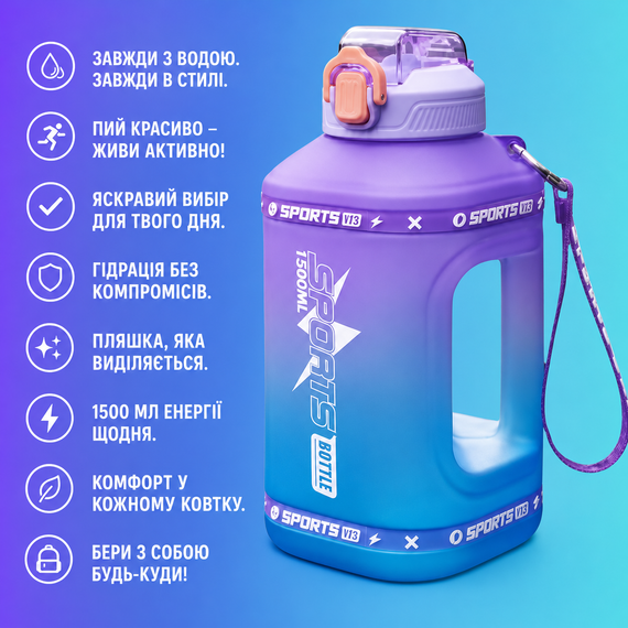 Эко-бутылка для воды SPORTS BOTTLE (1500 мл) - Фиолетово-голубой градиент со встроенной ручкой | Зображення 4