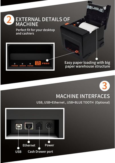Принтер чековий 80 мм, термопринтер автоматичне різання паперу, чек на стійці реєстрації | Зображення 1