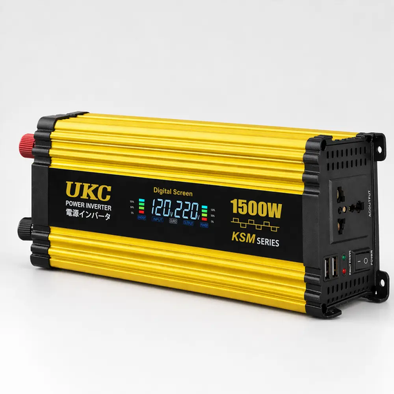 Автомобильный инвертор Желтый / Преобразователь напряжения с 12-220V, 1500Вт, 2хUSB