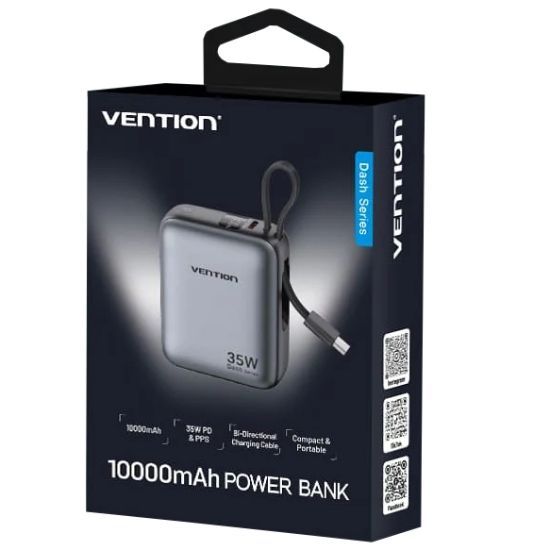 УМБ Vention 10000mAh 35W 3A PD,Fast Charging,1хType-C IN/OUT,Built-in USB-C Cable,LED Display,Gray | Зображення 3