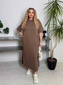 Женское платье-футболка длинное с коротким рукавом, больших и батальных размеров IS870, цвет мокко, размер 54/56