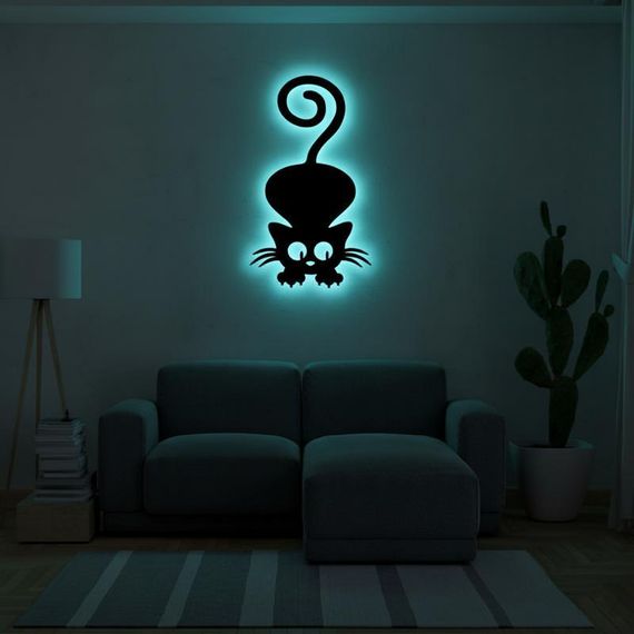 Панно декоративне картина на стіну Грайливий кіт LED 16 кольорів пульт 450х255 acr-p000122 | Зображення 2