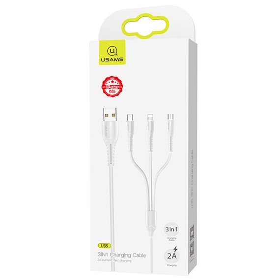 Дата кабель Usams US-SJ367 U35 3in1 USB to Combo 2A (1m) Белый | Зображення 2