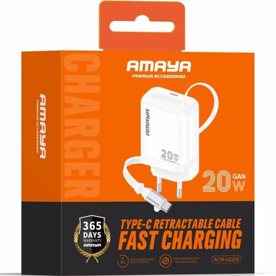 СЗУ Amaya E220S PD20W GaN (1USB-C) + Retractable Cable Type-C White | Зображення 1