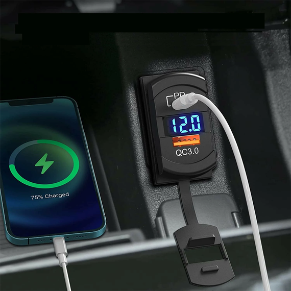 Автомобільна врізна швидка зарядка з вольтметром, 12-24 В, QC3, USB і Type-C (DS2013-E-P21) | Зображення 3