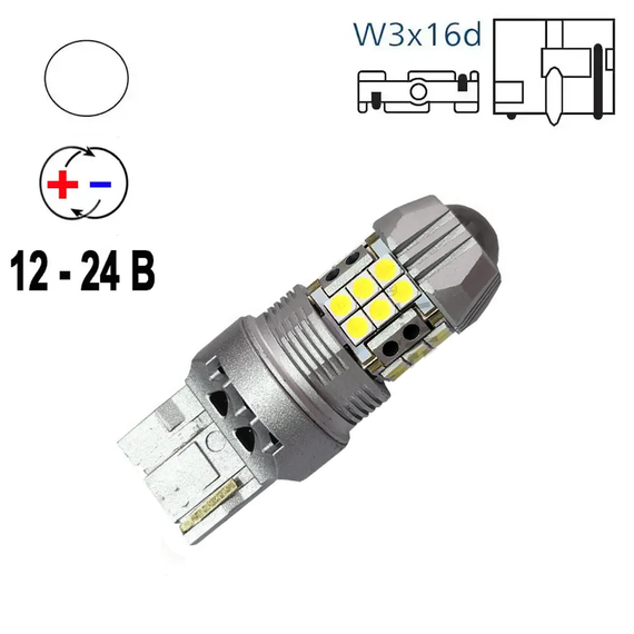 Автолампа светодиодная Т20 W21W 7440, 3030x27smd, линза, биполярная, 12-24 В | Зображення 1