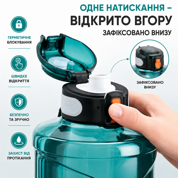 Спортивная бутылка TKK 2300 мл (2.3 л) - Бирюзовый Tritan BPA-free, ударопрочная эко-бутылка с ручкой и клапаном | Зображення 1