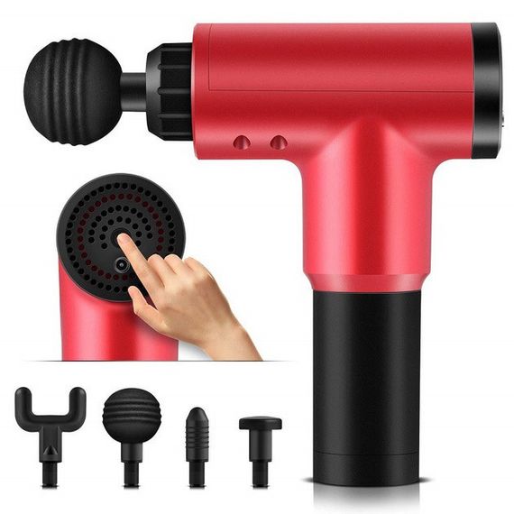 Акумуляторний масажер Fascial Gun KH-320 портативний ручний ударний м'язовий пістолет 4 насадки червоний | Зображення 8