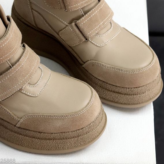 Бежеві зимові черевики снікерси на липучках натуральна шкіра + замша | Зображення 7