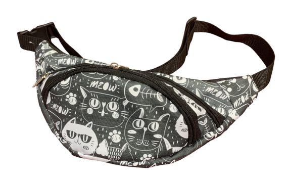 Сумка поясна бананка 4Profi з принтом "Котики чорно-білі" з двома відділеннями