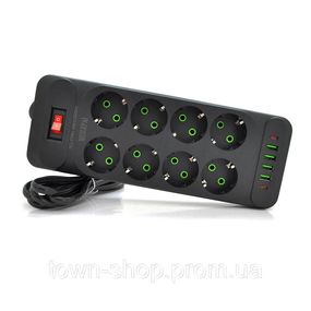 Сетевой фильтр F34U, 8 розеток EU + 4 USB + 2 PD, кнопка включения с индикатором, 2 м, 3х0,75мм, 2500W