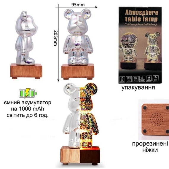 3D лампа Хрустальный Мишка Фейерверк Медведь Bearbick декоративный стеклянный ночник светодиодный светильник 16 цветов LED | Зображення 4