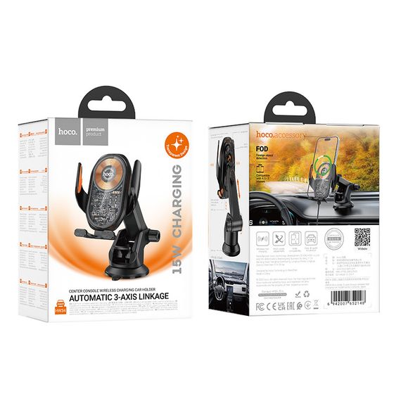 Автотримач HOCO HW34+ Wireless Charging 15W, кріплення на присосці, затискач 50-90мм, Black, Box | Зображення 4