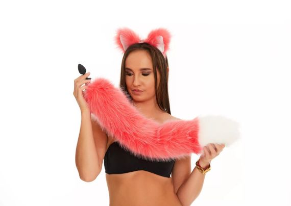 Анальний хутряний хвіст без пробки, Яскраво-рожевий з білим кінчиком, OKOVA 60 см. sexstyle | Зображення 2