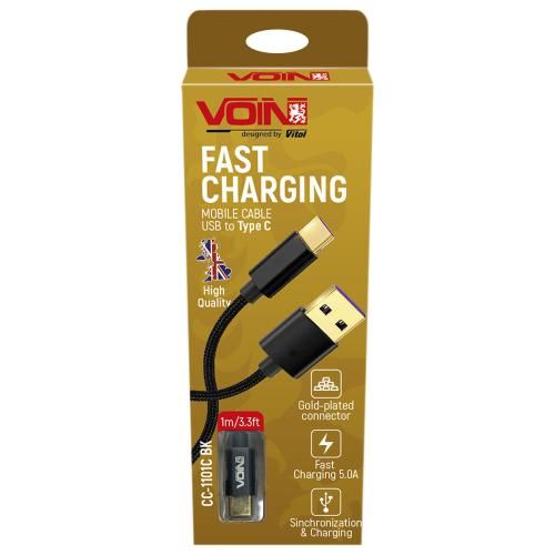 Кабель VOIN CC-1101C BK USB - Type C 5А, 1m, black (супер швидка зарядка/передача даних) | Зображення 1