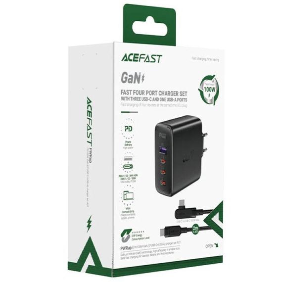СЗУ Acefast A37 PD100W+QC3.0  GaN (1USB-A/3C) + кабель Type-C to Type-C 2m Black | Зображення 3