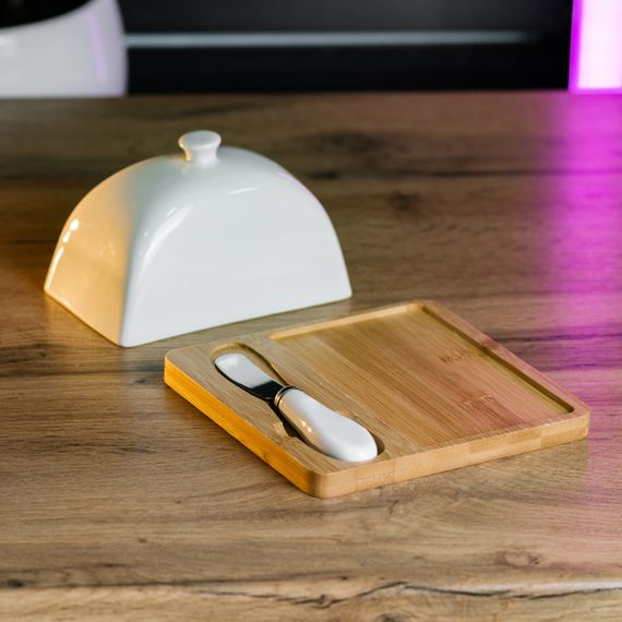 Масленка фарфоровая 15×15×9 см с ножом на подставке HP1255 | Зображення 1