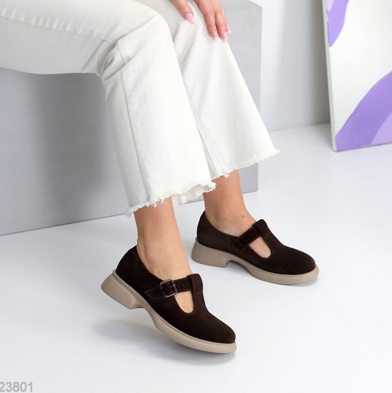 Замшеві демі туфлі на ремінці натуральна замша низький хід колір Шоколад | Зображення 5