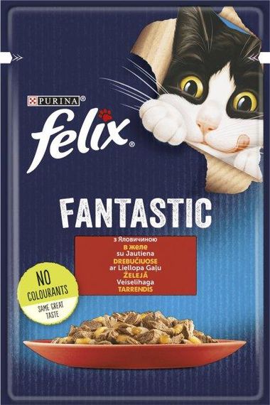 Вологий корм Felix Fantastic для дорослих котів шматочки в желе з яловичиною 78х85г