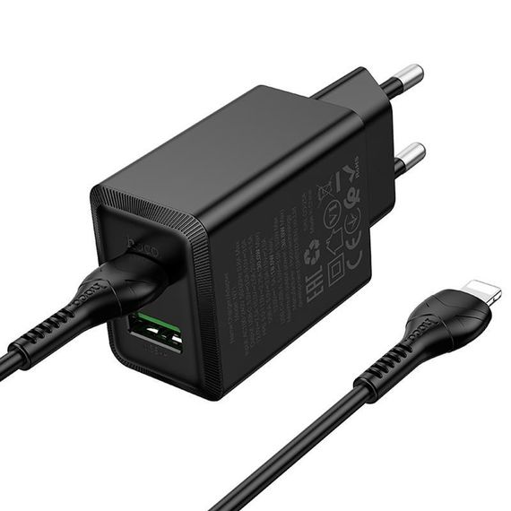 СЗУ Hoco N71 Nuevo PD30W+QC3.0 (1USB-A/1C) + кабель Type-C to Lightning Black | Зображення 3