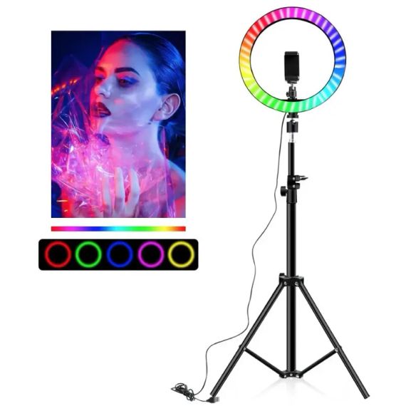 Кільцева лампа зі Штативом RGB 36 см, Світлодіодна LED лампа, Кільцеве світло, Різнобарвна лампа блогера | Зображення 6