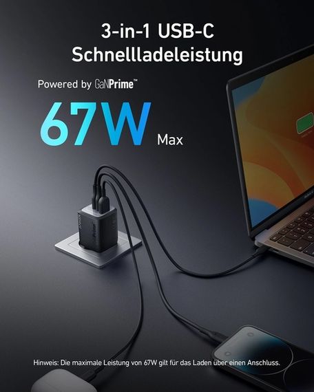 Мережевий зарядний пристрій Anker GaNPrime Charger - 67W, 2xUSB-C PD & 1xUSB-A Black | Зображення 2