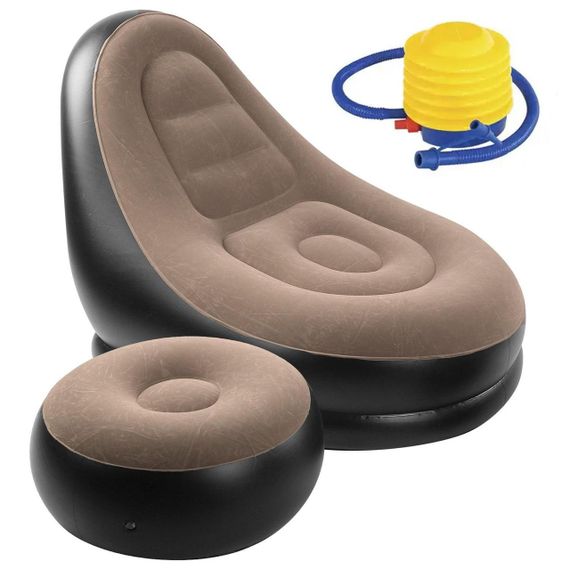 Надувний диван з пуфом та насосом (116х98х83см), Air Sofa, Коричневий / Надувне крісло для відпочинку