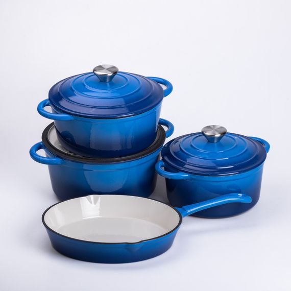 Набір чавунного посуду для приготування 3 каструлі та сковорода з емальованим покриттям Синій | Зображення 1