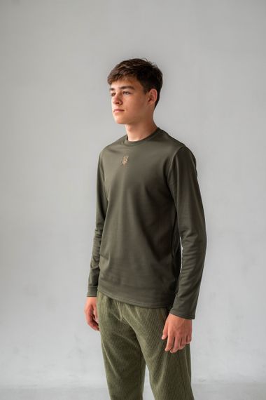 Утеплений лонгслів з вишитим золотим тризубом/гербом з довгим рукавом (олива)