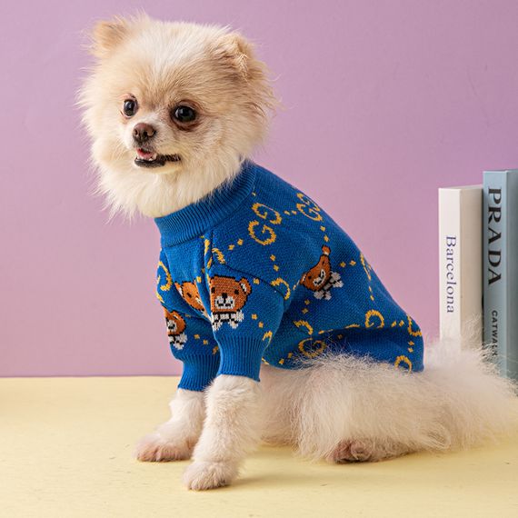 Брендовый свитер для собак GUCCI с коричневыми мишками и значками бренда, синий | Зображення 4
