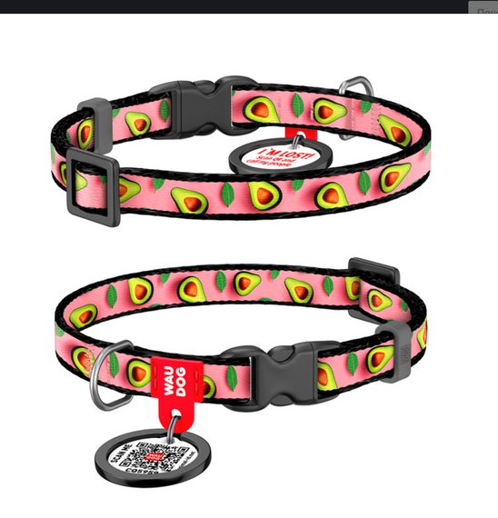 Нашийник для котів та дрібних порід собак нейлоновий WAUDOG Nylon з QR паспортом, малюнок "Авокадо на рожевому