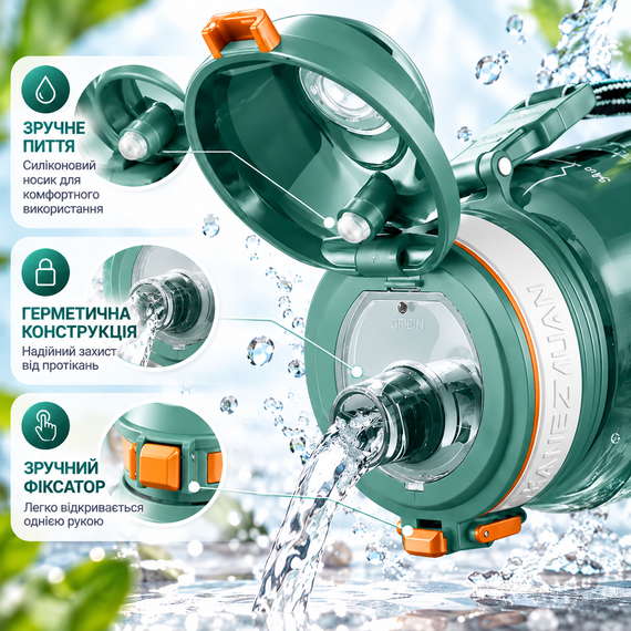 Спортивная бутылка KANGZYUAN 1000 мл - Зеленая Tritan BPA-free, ударопрочная эко-бутылка с фильтром и ремешком | Зображення 6