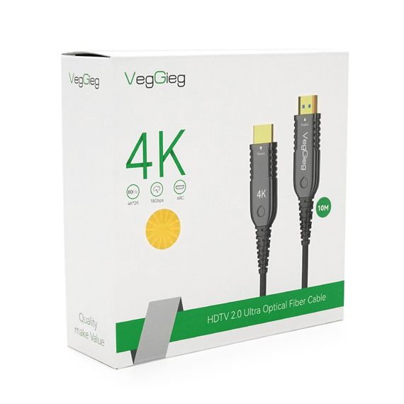 Кабель VEGGIEG V-H707 HDMI-HDMI 4K/60Hz 3840*2160.3D,HDR, ARC, Optical Fiber Cable, 10.0m, 19+1Wire, 18gbps, Black-Metal, Box | Зображення 1